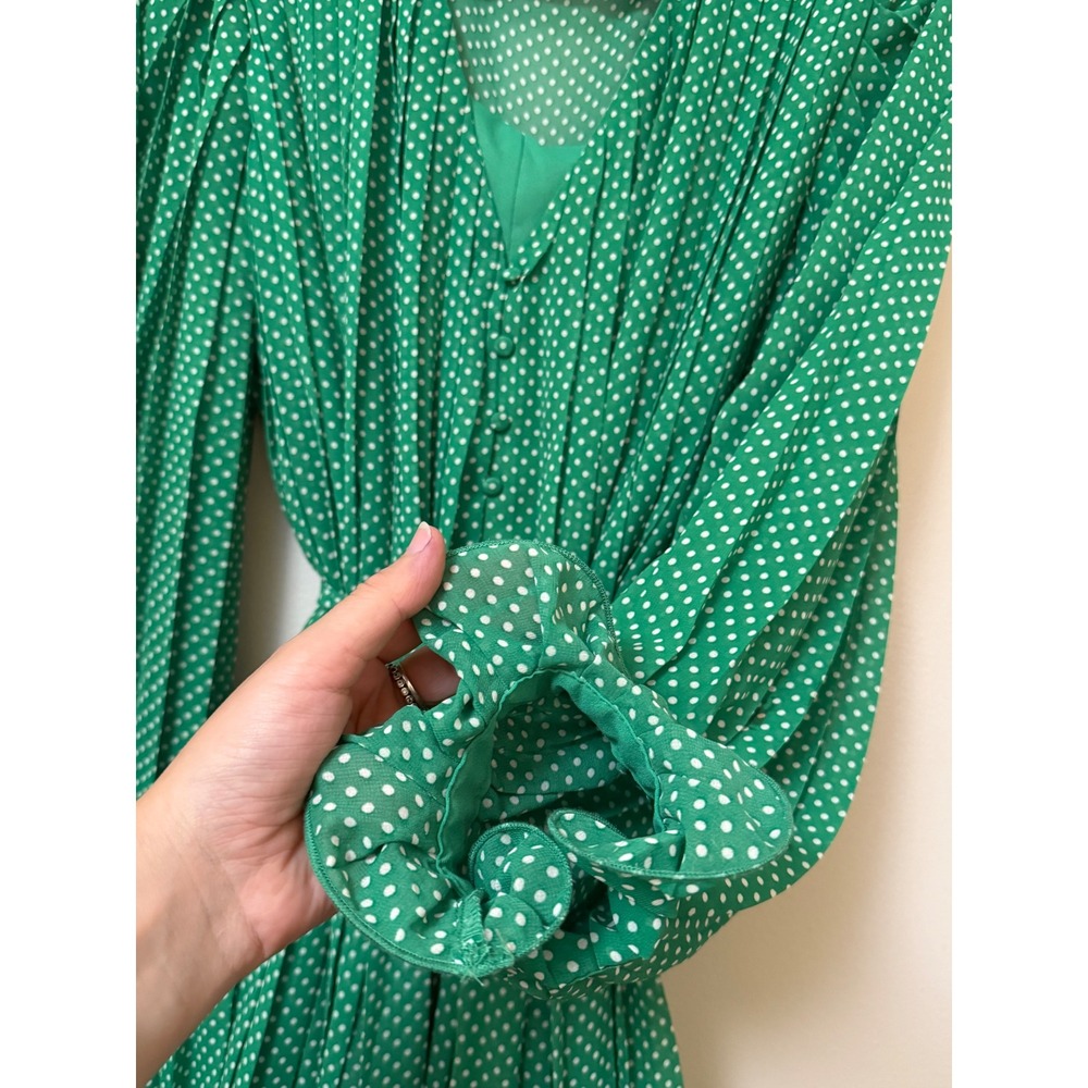 Endless Rose Green Polka Dot Pleated Long Sleeve Wide Leg Romper with Tie Waist - Picture 6 of 16